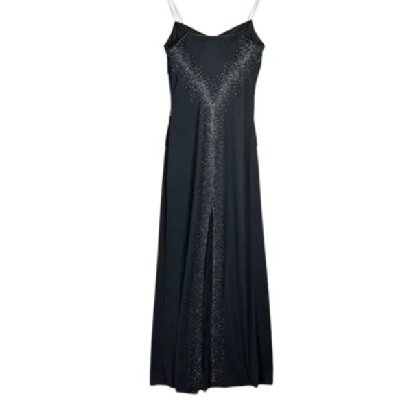 DJ Nights Laura Ryner Y2K Long Black Spaghetti Strap Beaded Prom Dress Gown -LNC - Picture 5 of 10
